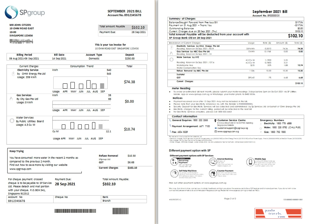 Singapore SP Group utility bill template in Word and PDF format (2 pages)